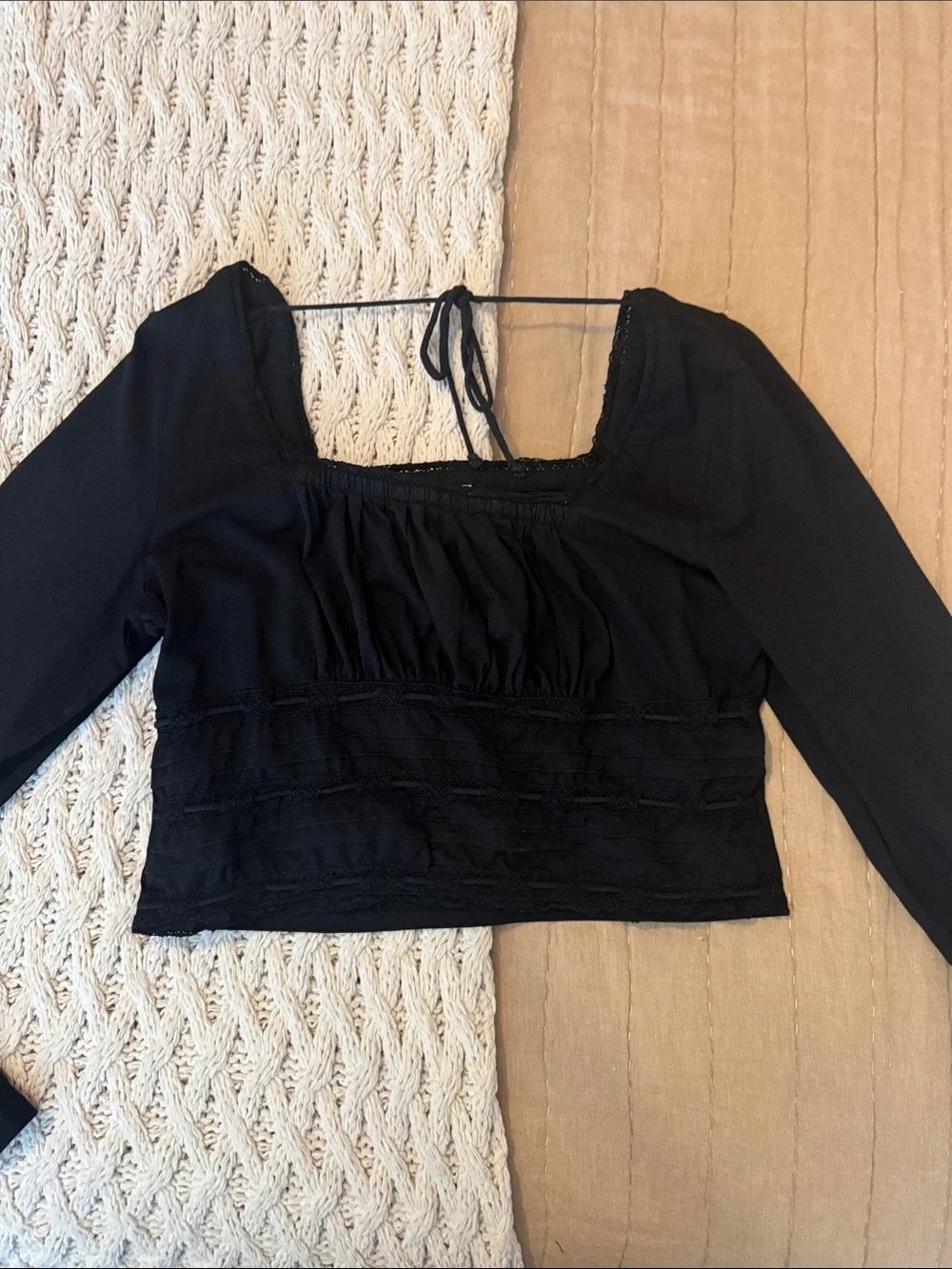 NWOT Free People Black Square-Neck Long-Sleeve Crop Top